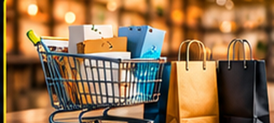 Carrito de compras con productos y bolsas en una tienda