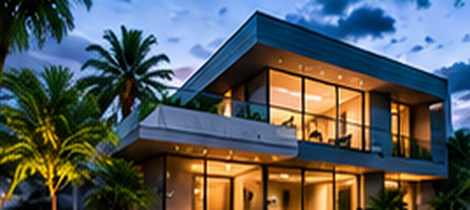 Casa moderna con iluminación cálida y jardines