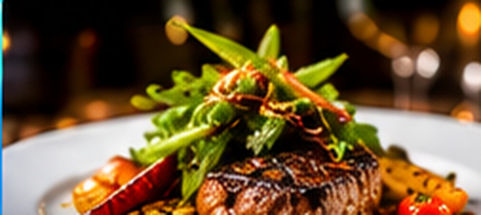 Plato gourmet de carne a la parrilla con verduras frescas y presentación elegante